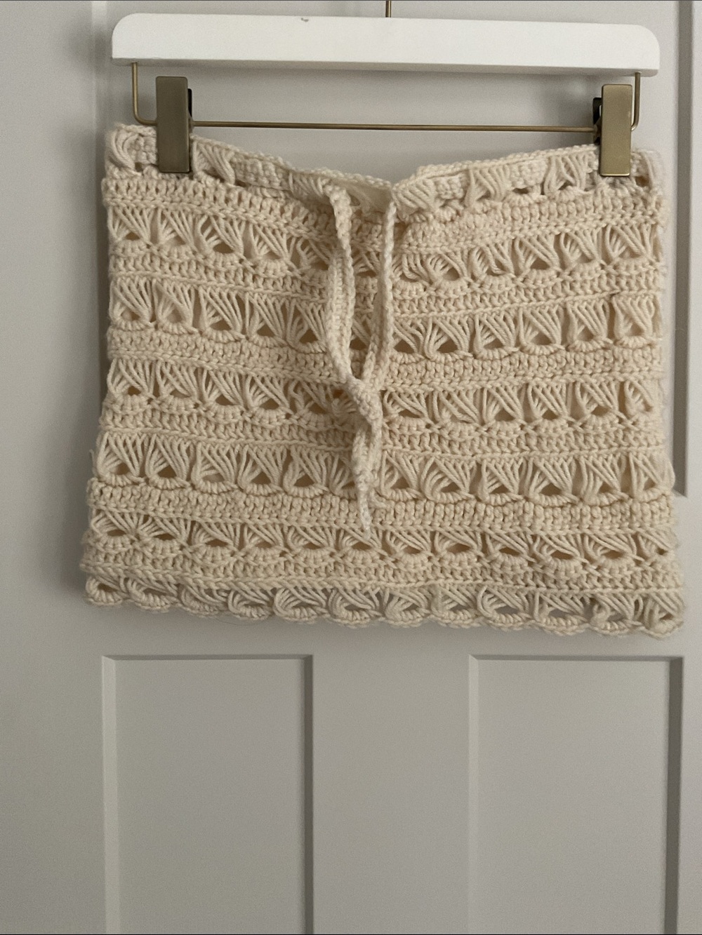 Cream Crochet Knit Mini Skirt Boho Beach Coverup Drawstring Waist